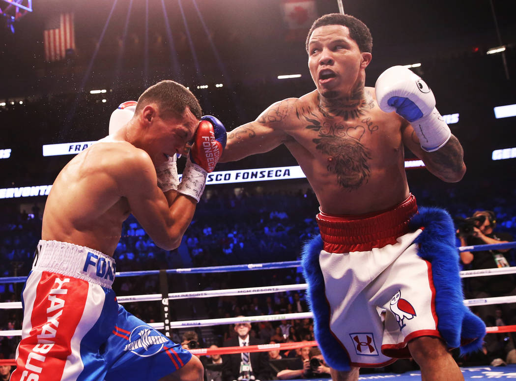 Gervonta Davis, right, throws a punch against Francisco Fonseca in the 6th round on Saturday, Aug 26, 2017, at T-Mobile Arena, in Las Vegas. Benjamin Hager Las Vegas Review-Journal @benjaminhphoto