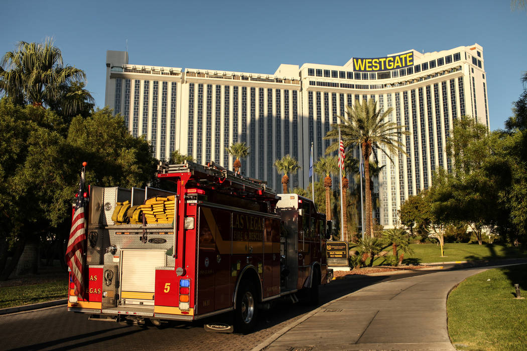 Units respond to a balcony fire that broke out at the Westgate in Las Vegas on Aug. 26, 2017. Joel Angel Juarez Las Vegas Review-Journal @jajuarezphoto