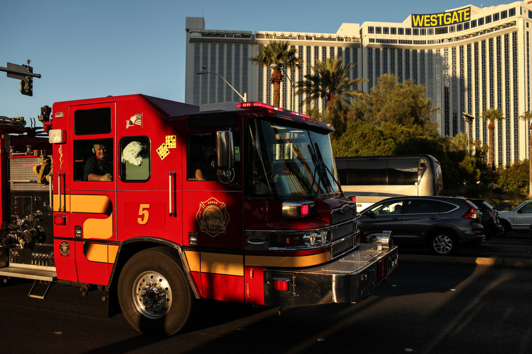 Units respond to a balcony fire that broke out at the Westgate in Las Vegas on Aug. 26, 2017. Joel Angel Juarez Las Vegas Review-Journal @jajuarezphoto