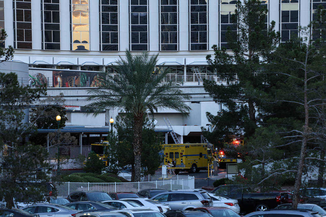 Units respond to a balcony fire that broke out at the Westgate in Las Vegas on Aug. 26, 2017. Joel Angel Juarez Las Vegas Review-Journal @jajuarezphoto