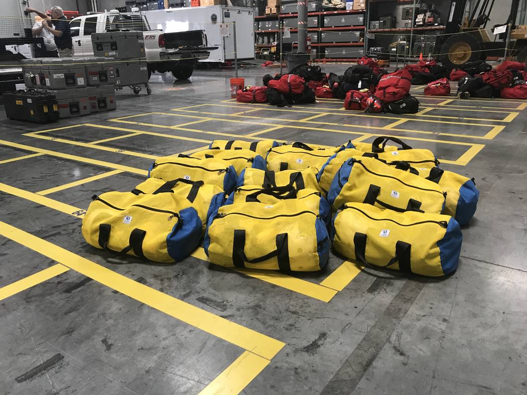 Emergency-response equipment packs are displayed at Nevada Task Force-1's warehouse in Las Vegas as 18 members prepare to deploy on Sunday, Aug. 27, 2017. Rio Lacanlale Las Vegas Review-Journal