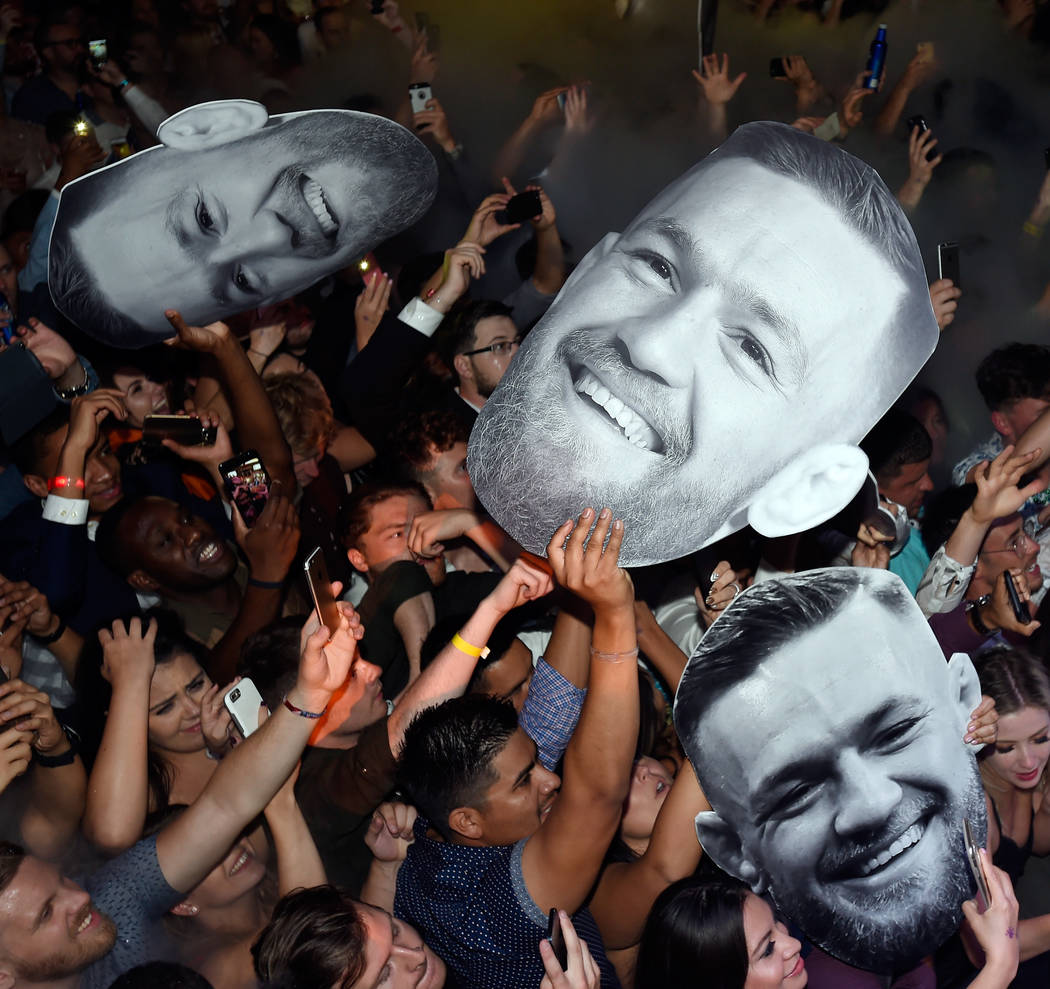 Large cutout faces of Conor McGregor are seen at his after fight party and his Wynn Nightlife residency debut at the Encore Beach Club at Night at Wynn Las Vegas on August 27, 2017 in Las Vegas.   ...