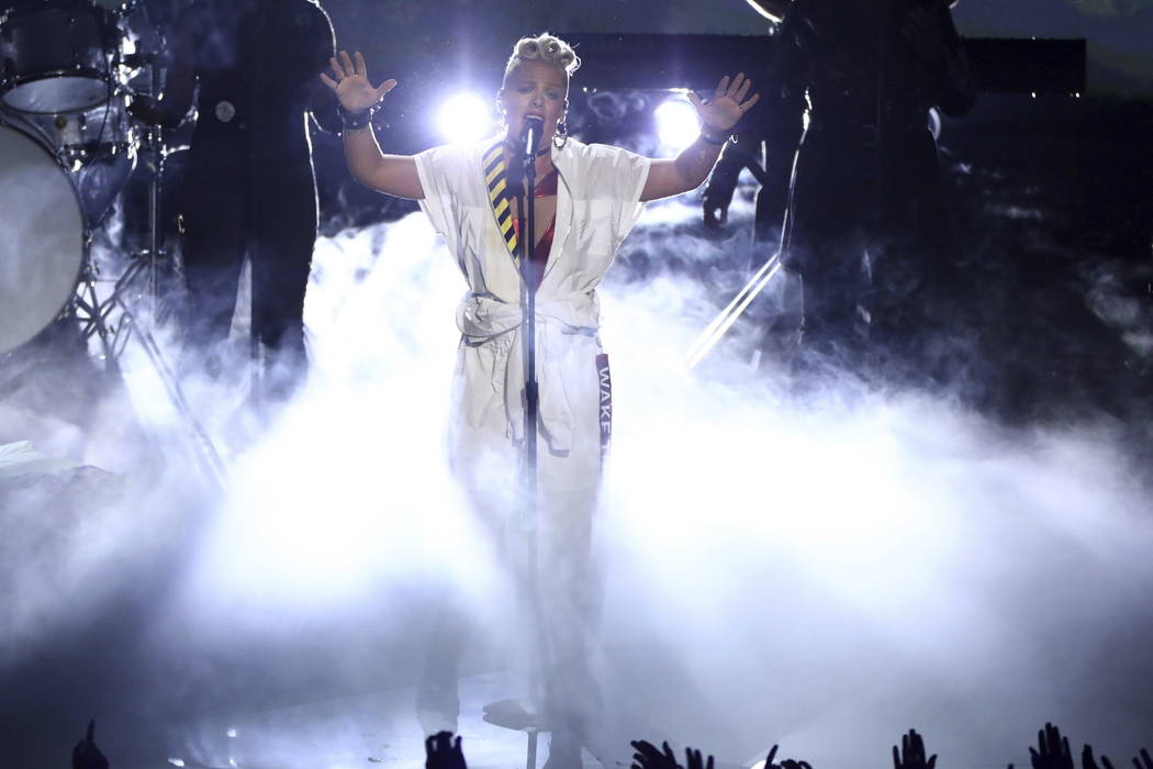 Pink performs a medley at the MTV Video Music Awards at The Forum on Sunday, Aug. 27, 2017, in Inglewood, Calif. (Photo by Matt Sayles/Invision/AP)