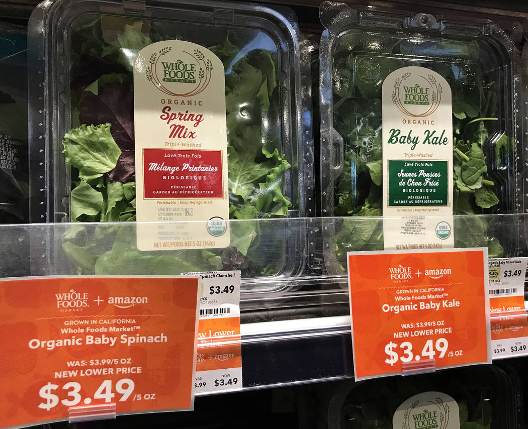 Organic baby spinach and baby kale at the Summerlin Whole Foods Market on Monday, Aug. 28, 2017, in Las Vegas. Amazon kicked off its first day as the owner of Whole Foods by slashing prices and ad ...