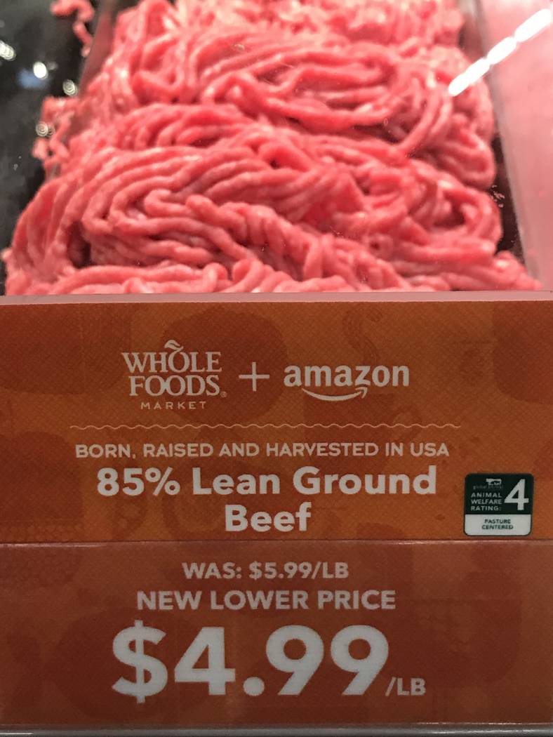 Lean ground beef at the Summerlin Whole Foods Market on Monday, Aug. 28, 2017, in Las Vegas. Amazon kicked off its first day as the owner of Whole Foods by slashing prices and adding its logo on s ...