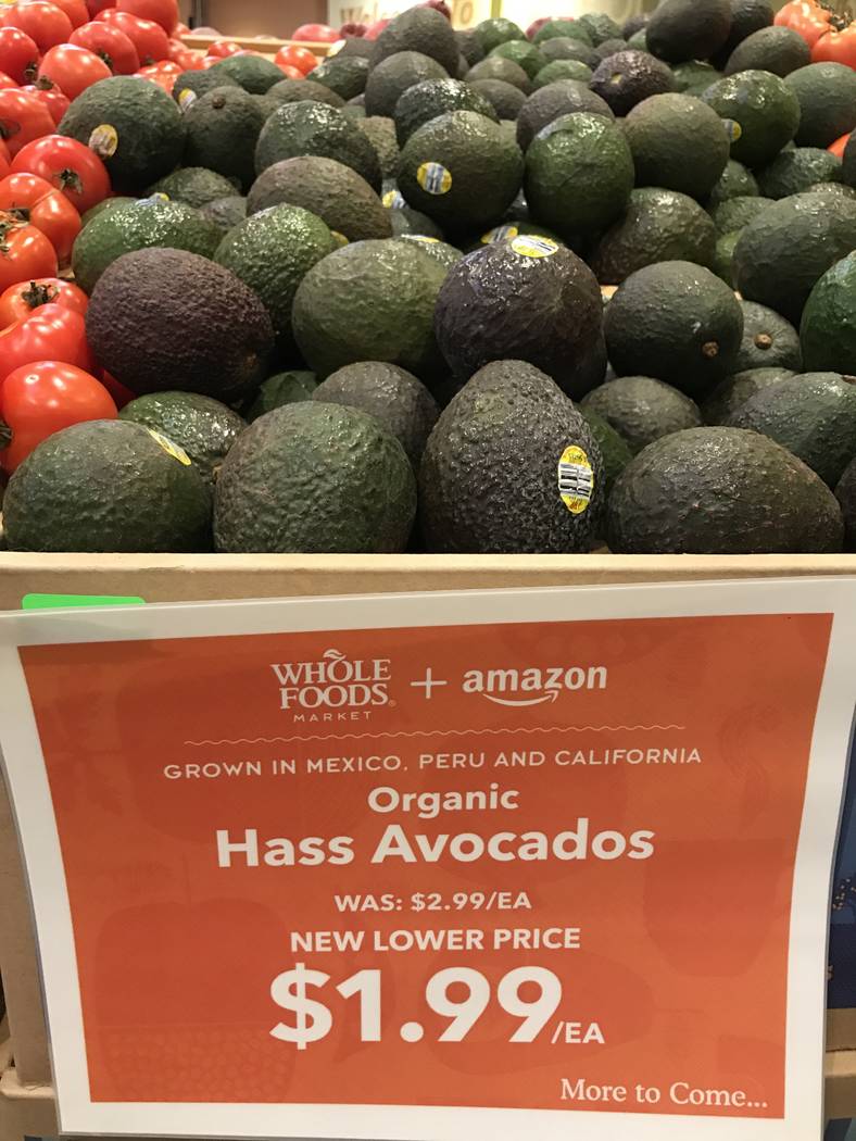 Organic avocados at the Summerlin Whole Foods Market on Monday, Aug. 28, 2017, in Las Vegas. Amazon kicked off its first day as the owner of Whole Foods by slashing prices and adding its logo on s ...