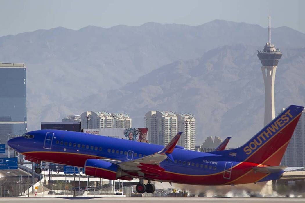 A Southwest Airlines jetliner departs from McCarran International Airport in Las Vegas on Wednesday, June 28, 2017. (Richard Brian/Las Vegas Review-Journal) @vegasphotograph