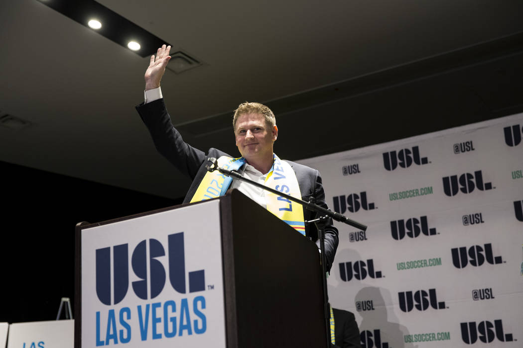 Brett Lashbrook, founder of Las Vegas Soccer LLC, during an event celebrating his new Las Vegas soccer team to play in the United Soccer League during an event at the Zappos campus in Las Vegas on ...