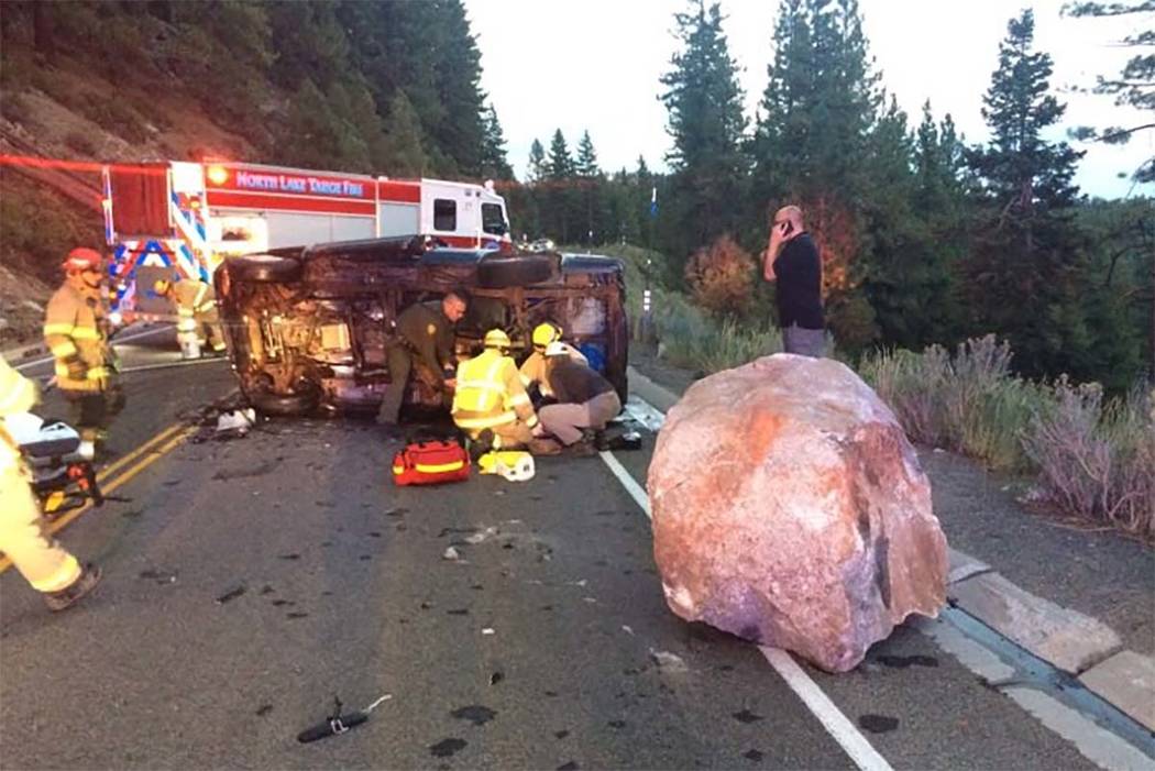 Driver hospitalized after boulder falls onto Lake Tahoe highway - 9139600 Web1 Tahoe Crash2 082917 Driver hospitalized after boulder falls onto Lake Tahoe highway - 9139600 Web1 Tahoe Crash2 082917