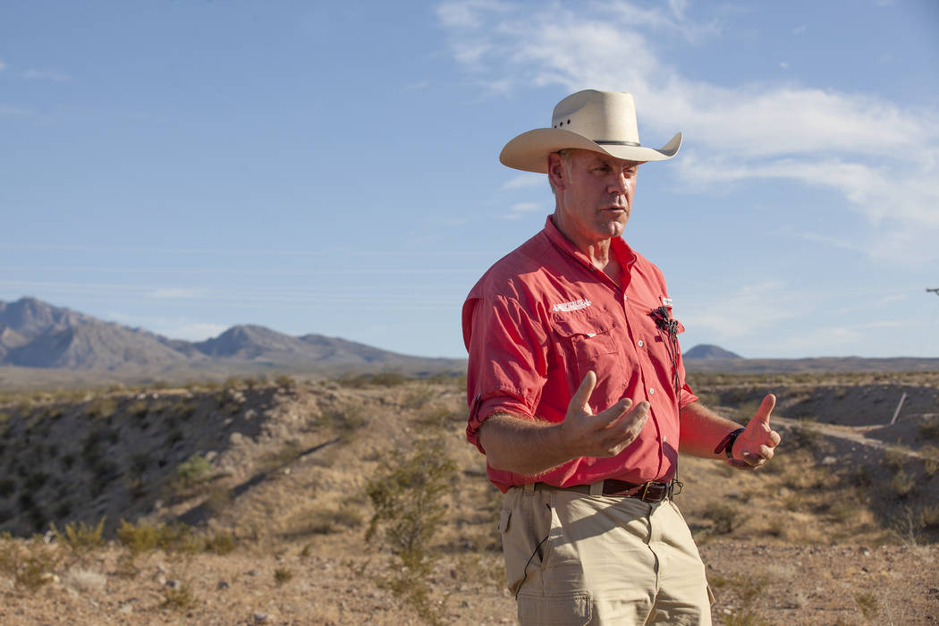 Interior Secretary Ryan Zinke talks to the media on Sunday, July 30, 2017, outside a private home in Bunkerville. Zinke is in the area to discuss the review of Nevada's Gold Butte and the Basin an ...