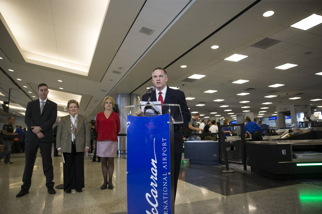 Steve Karoly, acting assistant administrator for the office of requirement and capabilities at the Transportation Security Administration, during a news conference on new automated screening lanes ...