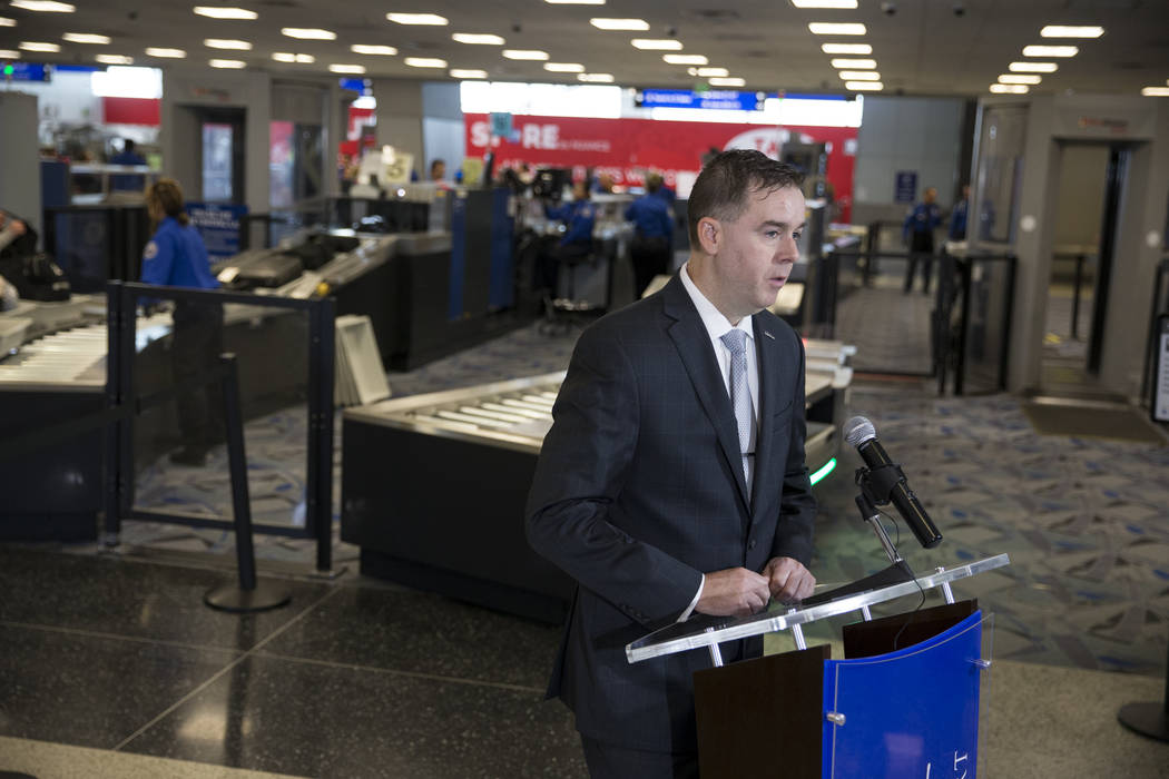Chris Jones, airport chief marketing officer at the Clark County Department of Aviation, during a news conference on new automated screening lanes at McCarran International Airport Terminal 1 in L ...