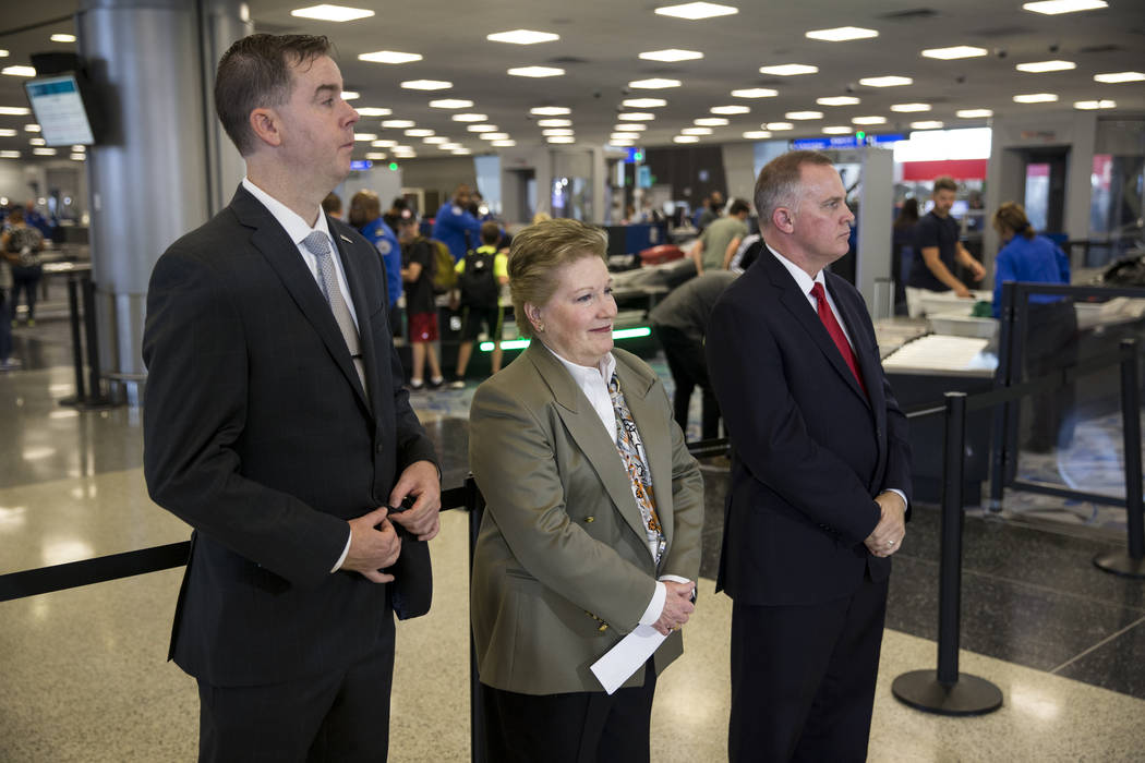 Chris Jones, from left, airport chief marketing officer at the Clark County Department of Aviation, Karen Burke, federal security director for the State of Nevada, and Steve Karoly, acting assista ...