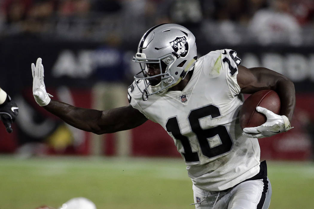 Oakland Raiders wide receiver Johnny Holton (16) during an NFL preseason football game against the Arizona Cardinals, Saturday, Aug. 12, 2017, in Glendale, Ariz. (AP Photo/Rick Scuteri)