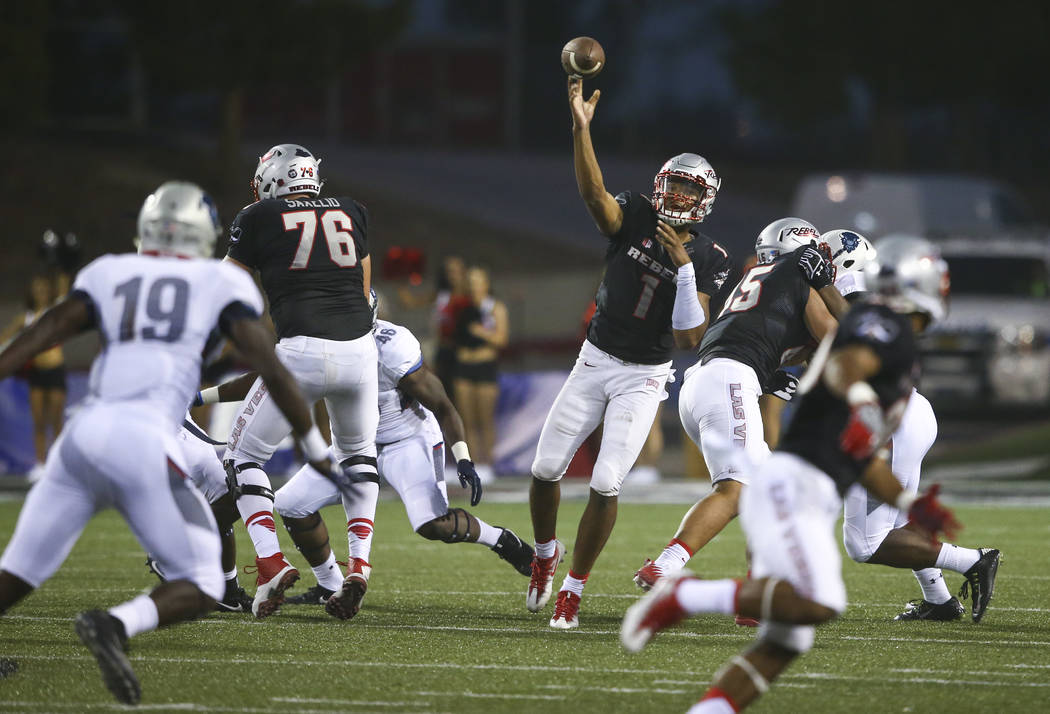 UNLV quarterback Armani Rogers (1) throws a pass during a football game against Howard at Sam Boyd Stadium in Las Vegas on Saturday, Sept. 2, 2017. Chase Stevens Las Vegas Review-Journal @cssteven ...