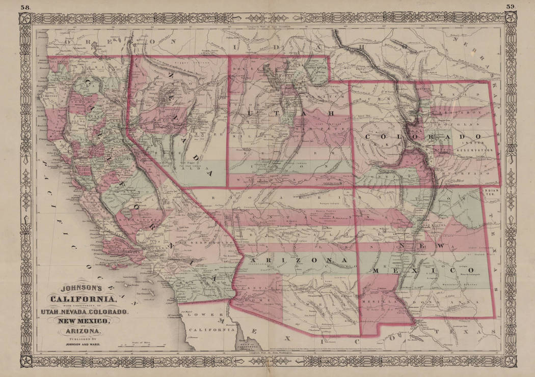 A map from 1864 shows the state of California and territories of Nevada, Arizona, Colorado, New Mexico and Utah. (UNLV Special Collections)