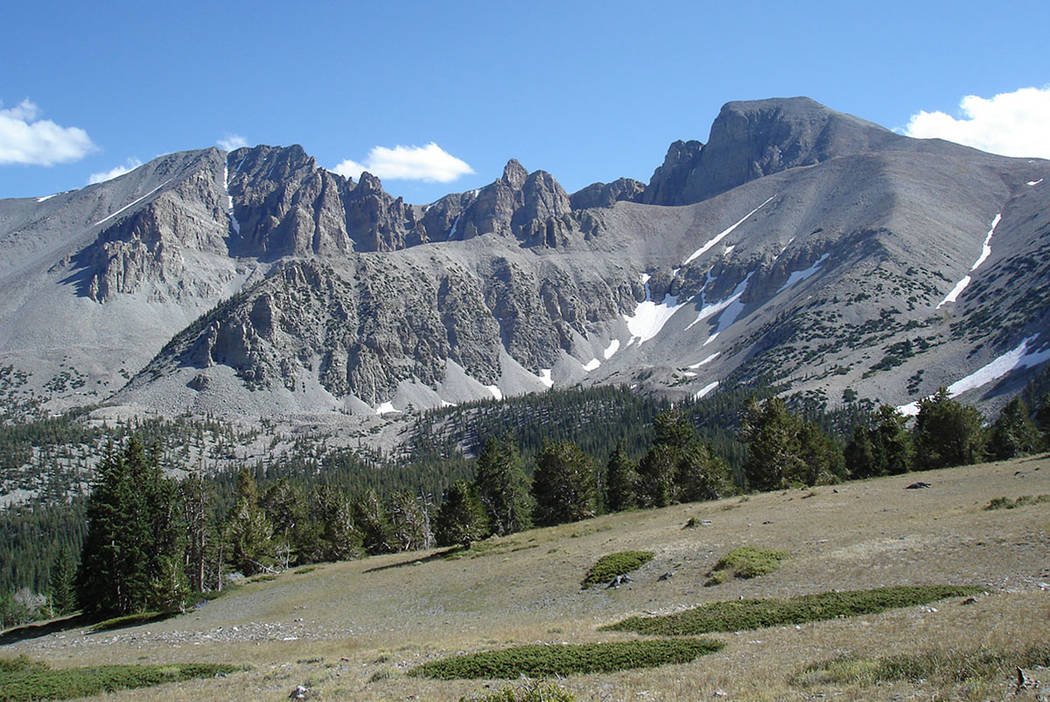 The 13,063-foot summit of Wheeler Peak, right, rises above Great Basin National Park, 300 miles northeast of Las Vegas. The shorter summit at the left of the frame is Jeff Davis Peak, which was na ...