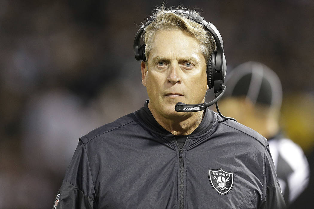 Oakland Raiders head coach Jack Del Rio walks on the sideline during the first half of an NFL preseason football game against the Los Angeles Rams in Oakland, Saturday, Aug. 19, 2017. (AP Photo/Be ...