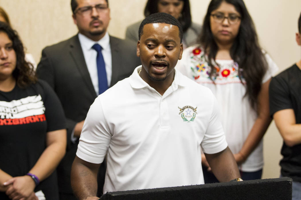 Assemblyman William McCurdy II, D-Las Vegas, reacts to the cancellation of the Deferred Action for Childhood Arrivals program during a press conference at the East Las Vegas Community Center, in L ...