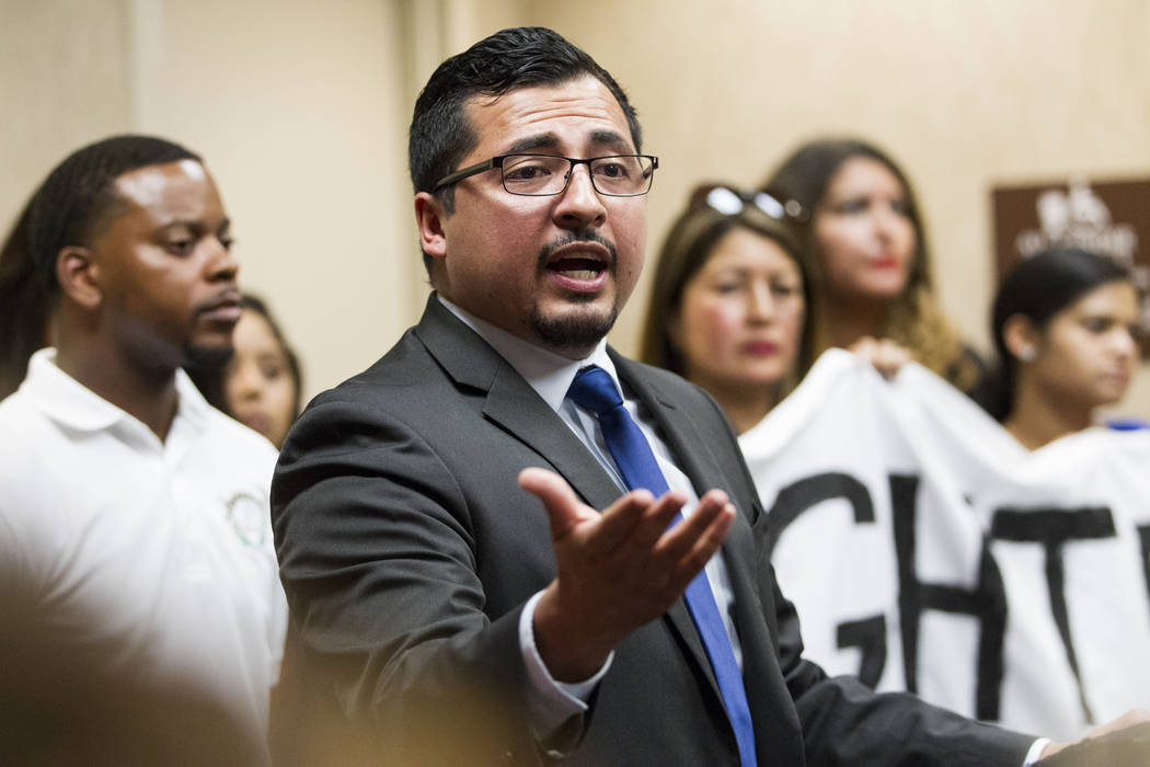 Assemblyman Edgar Flores, D-Las Vegas, reacts to the cancellation of the Deferred Action for Childhood Arrivals program during a press conference at the East Las Vegas Community Center, in Las Veg ...