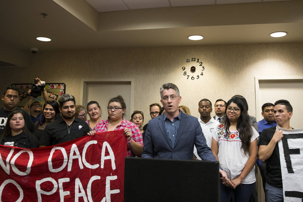 Michael Kagan, director of UNLV's immigration clinic, reacts to the cancellation of the Deferred Action for Childhood Arrivals program during a press conference at the East Las Vegas Community Cen ...