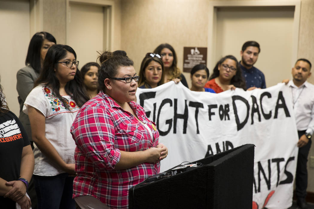 Victoria Osorio, 24, of Las Vegas, recipient of the Deferred Action for Childhood Arrivals program, shares her story during a press conference on the cancellation of DACA at the East Las Vegas Com ...