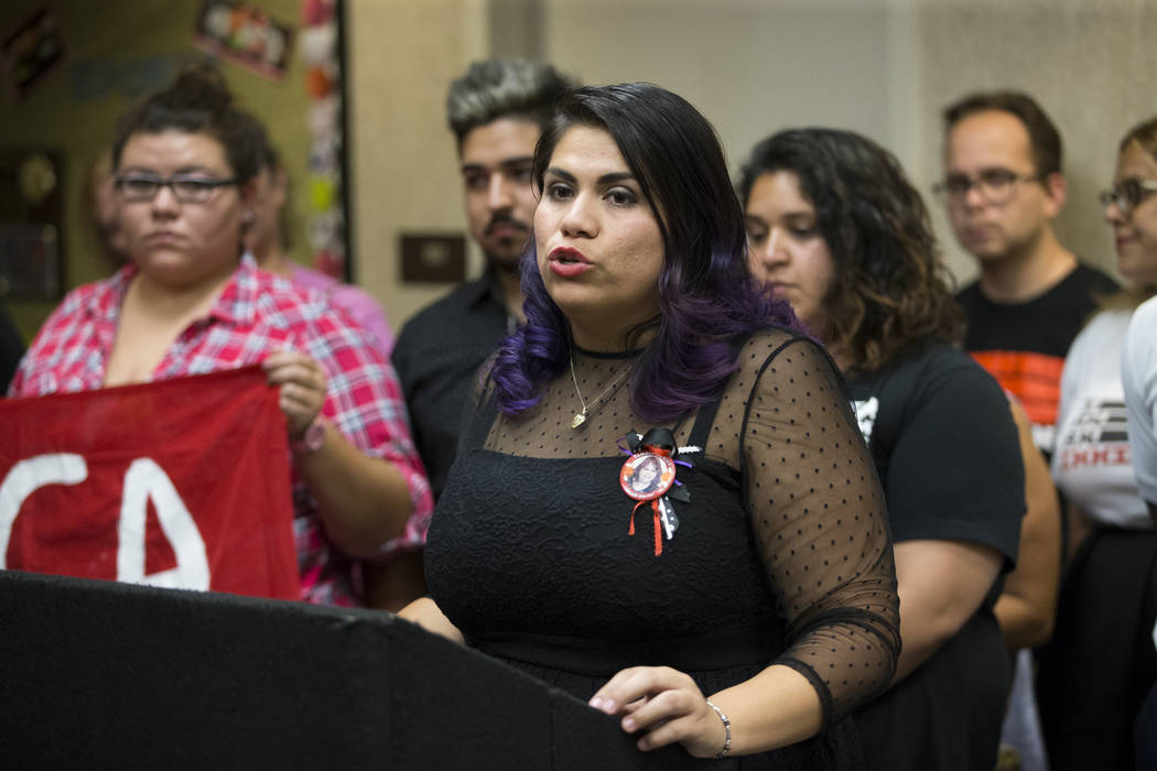 Local activist Astrid Silva and recipient of the Deferred Action for Childhood Arrivals program, reacts during a press conference on the cancellation of DACA at the East Las Vegas Community Center ...