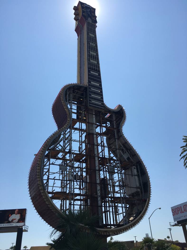 The disassembled Hard Rock Cafe sign on the corner of Harmon Avenue and Paradise Road, shown on Friday, Sept. 1, 2017. (John Katsilometes/Las Vegas Review-Journal) @JohnnyKats