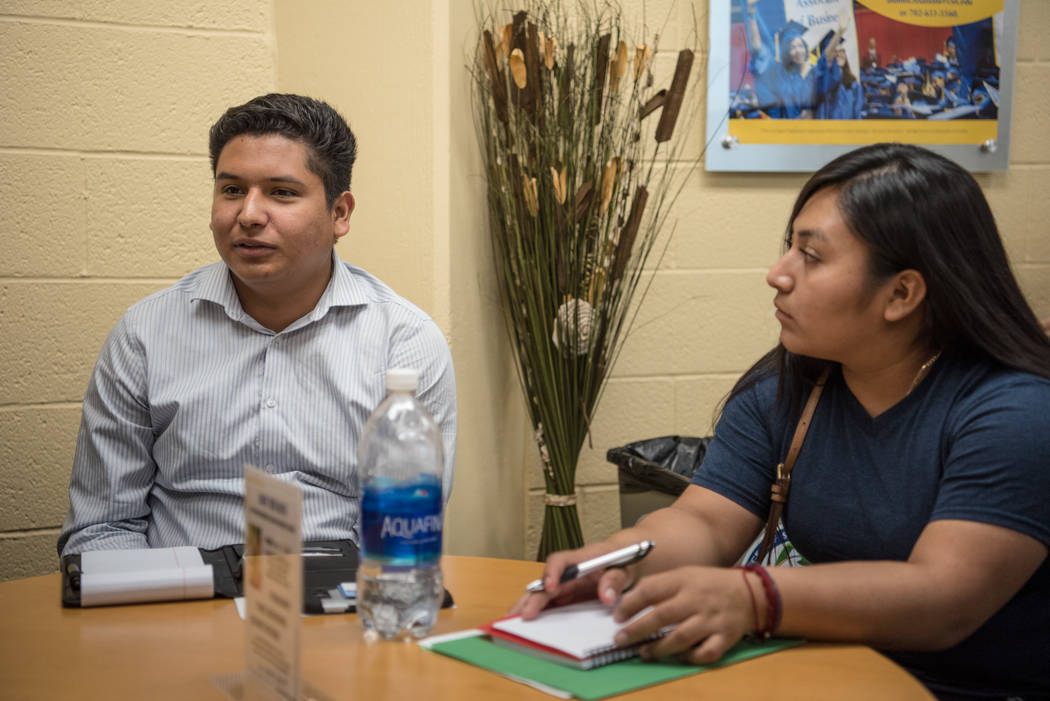College of Southern Nevada students Cristian Aguina, left, and Jessica Duran, right, at the Generation Dreamers club meeting at College of Southern Nevada North Las Vegas on Tuesday, Sep. 5, 2017, ...