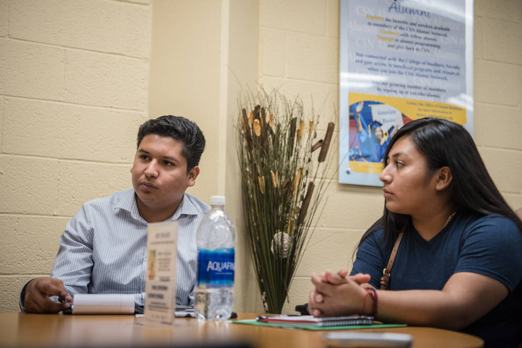 College of Southern Nevada students Cristian Aguina, left, and Jessica Duran, right, at the Generation Dreamers club meeting at CSN North Las Vegas on Tuesday, Sep. 5, 2017, in North Las Vegas. Mo ...