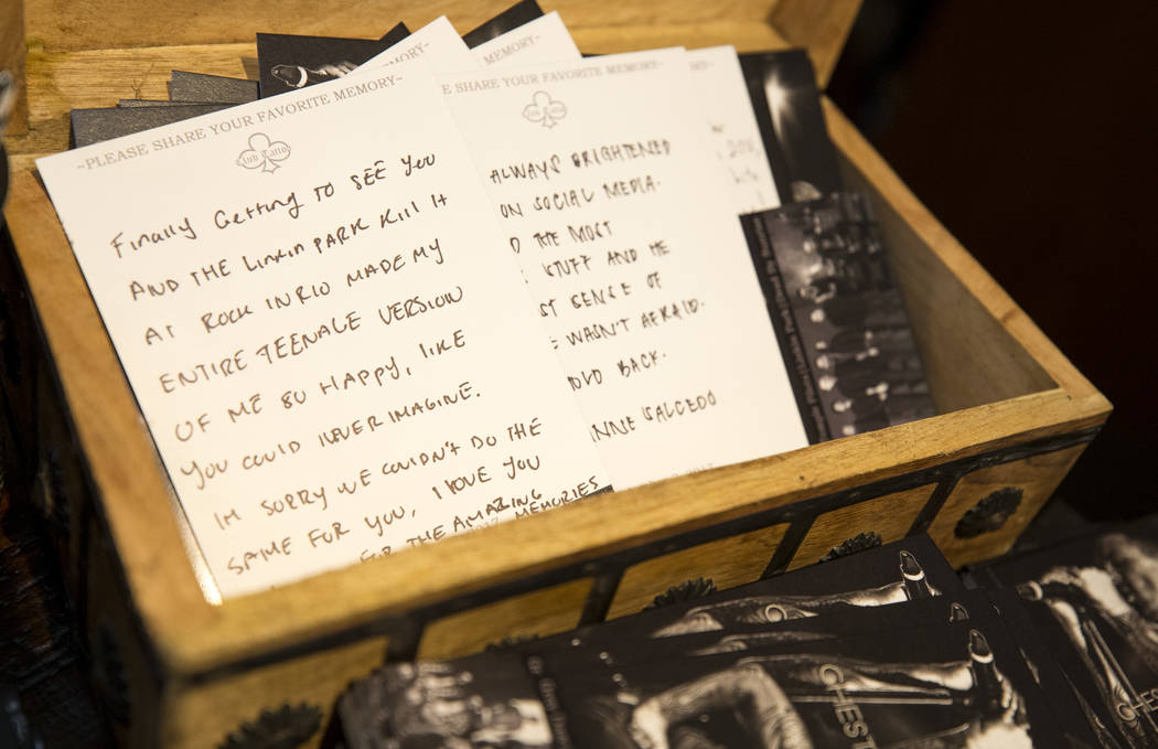 Handwritten notes left at a memorial for singer and songwriter Chester Bennington at Club Tattoo inside Planet Hollywood on Saturday, Sept. 2, 2017, in Las Vegas following a memorial for Benningto ...