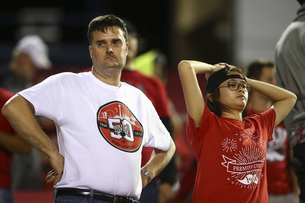 UNLV fans react as their team falls behind Howard in the final moments of a football game at Sam Boyd Stadium in Las Vegas on Saturday, Sept. 2, 2017. Chase Stevens Las Vegas Review-Journal @csste ...