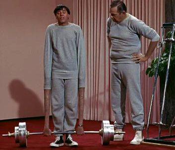 Jerry Lewis, left, and Michael Ross in one of the famous sight gags from "The Nutty Professor" (1963).