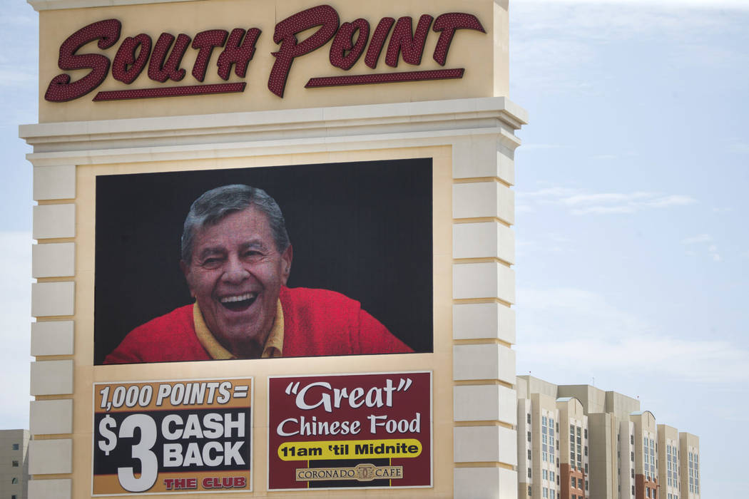 The South Point hotel-casino displays a tribute to the late actor and comedian Jerry Lewis during a private memorial at the hotel in Las Vegas, Monday, Sept. 4, 2017. (Erik Verduzco//Las Vegas Rev ...