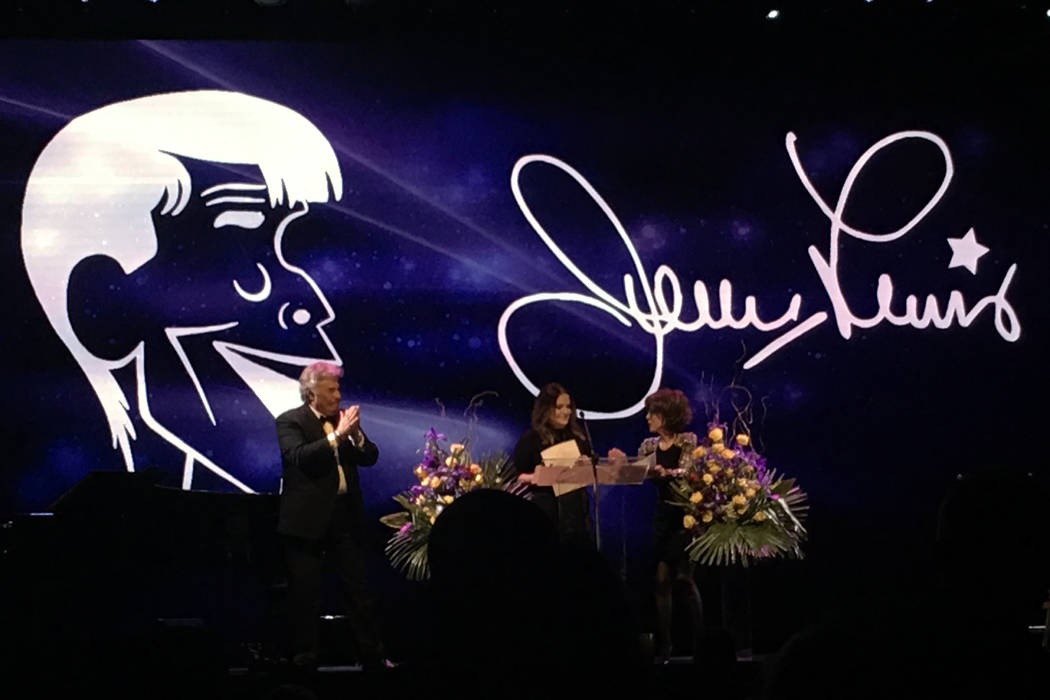 Tony Orlando, Danielle Lewis and Deana Martin take part in a celebration of Jerry Lewis' life at the South Point showroom on Monday, September 4, 2017. (John Katsilometes/Las Vegas Review-Journal)
