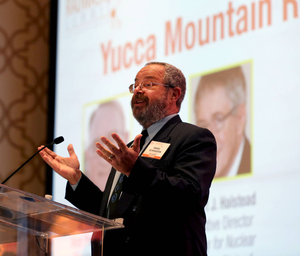 Commissioner and chairman of the Board of Nye County Dan Schinhofen speaks during a debate on restarting the Yucca Mountain Project at the JW Marriott hotel-casino in Las Vegas, Wednesday, Sept. 6 ...