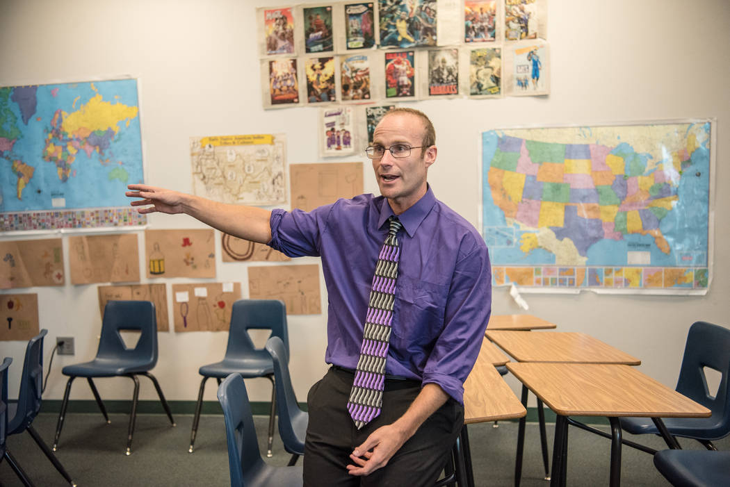 History teacher Jonathan Fogler discusses the quadrant diagrams on his classroom walls at Shadow Ridge High School on Wednesday, Sep. 5, 2017, in Las Vegas. Morgan Lieberman Las Vegas Review-Journal