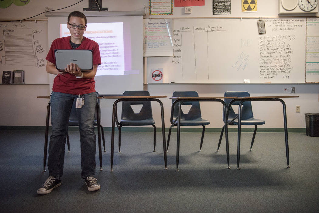Shadow Ridge High School junior Allisa Carnegie presents his narrative story to his English class at the school in Las Vegas on Wednesday, Sep. 6, 2017. Morgan Lieberman Las Vegas Review-Journal