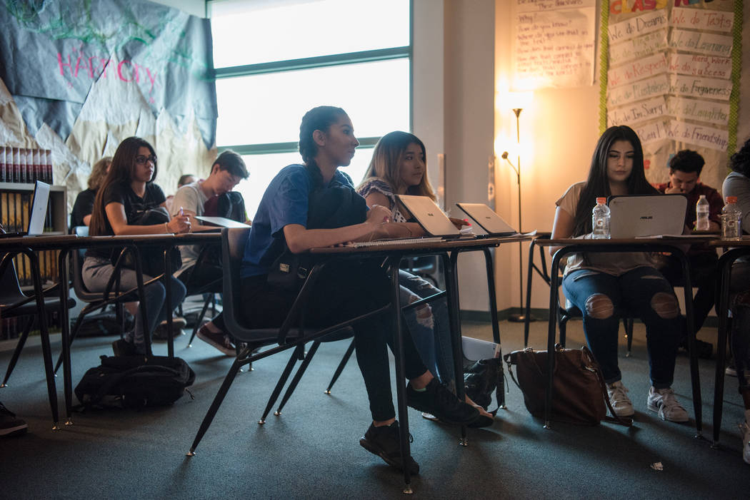 Students listen to a narrative story presentation at Shadow Ridge High School on Wednesday, Sep. 5, 2017, in Las Vegas. Morgan Lieberman Las Vegas Review-Journal