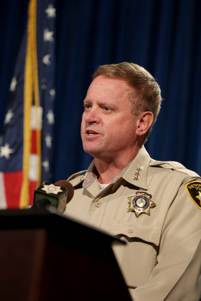 Undersheriff Kevin McMahill meets with news media at the Las Vegas Police Headquarters Wednesday, Sept. 6, 2017, regarding a Las Vegas police incident with Seattle Seahawks’ Michael Bennet  ...