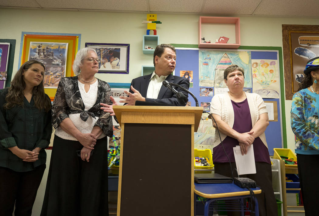 Clark County School District Superintendent Pat Skorkowsky, center, announces he will be retiring after his contract ends during a press conference held at Walter Bracken Academy on Thursday, Sept ...