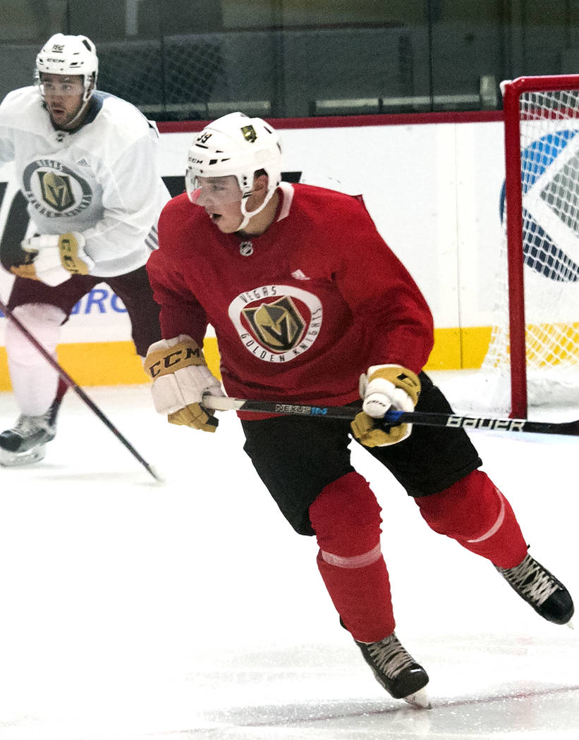 Vegas Golden Knights' forward Jake Leschyshyn, right, skates during rookie camp at City National Arena on Friday, Sept. 8, 2017, in Las Vegas. (Bizuayehu Tesfaye/Las Vegas Review-Journal) @bizutesfaye