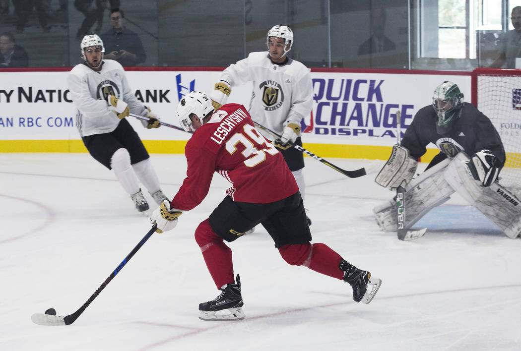 Vegas Golden Knights' forward Jake Leschyshyn (39) prepares to hit the puck during rookie camp at City National Arena on Friday, Sept. 8, 2017, in Las Vegas. (Bizuayehu Tesfaye/Las Vegas Review-Jo ...