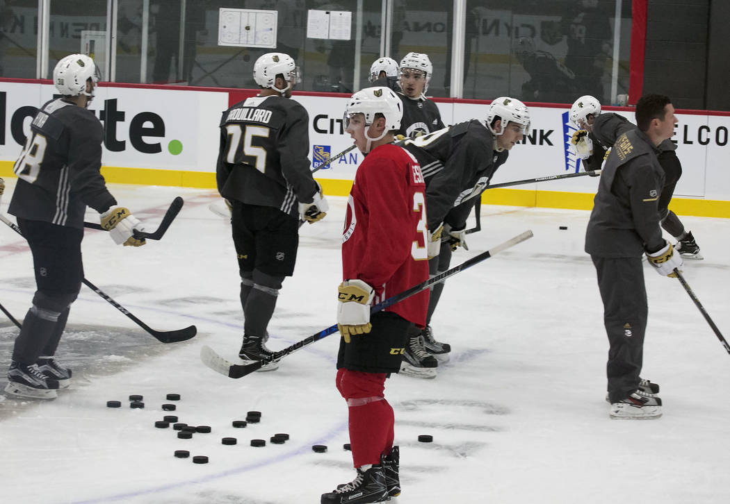 Vegas Golden Knights' forward Jake Leschyshyn, center, skates during rookie camp at City National Arena on Friday, Sept. 8, 2017, in Las Vegas. (Bizuayehu Tesfaye/Las Vegas Review-Journal) @bizute ...