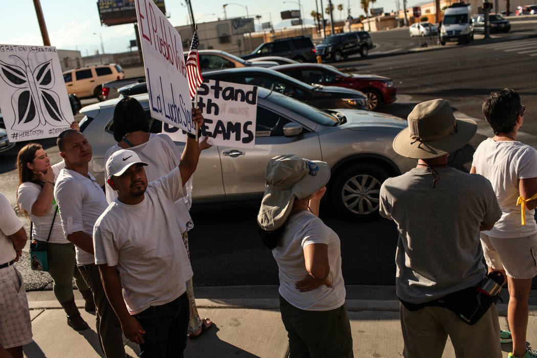 Several hundred DACA recipients and supporters including Rico Ocampo march down the Strip in Las Vegas, Sunday, Sept. 10, 2017, to call on President Donald Trump and Nevada elected officials to pr ...