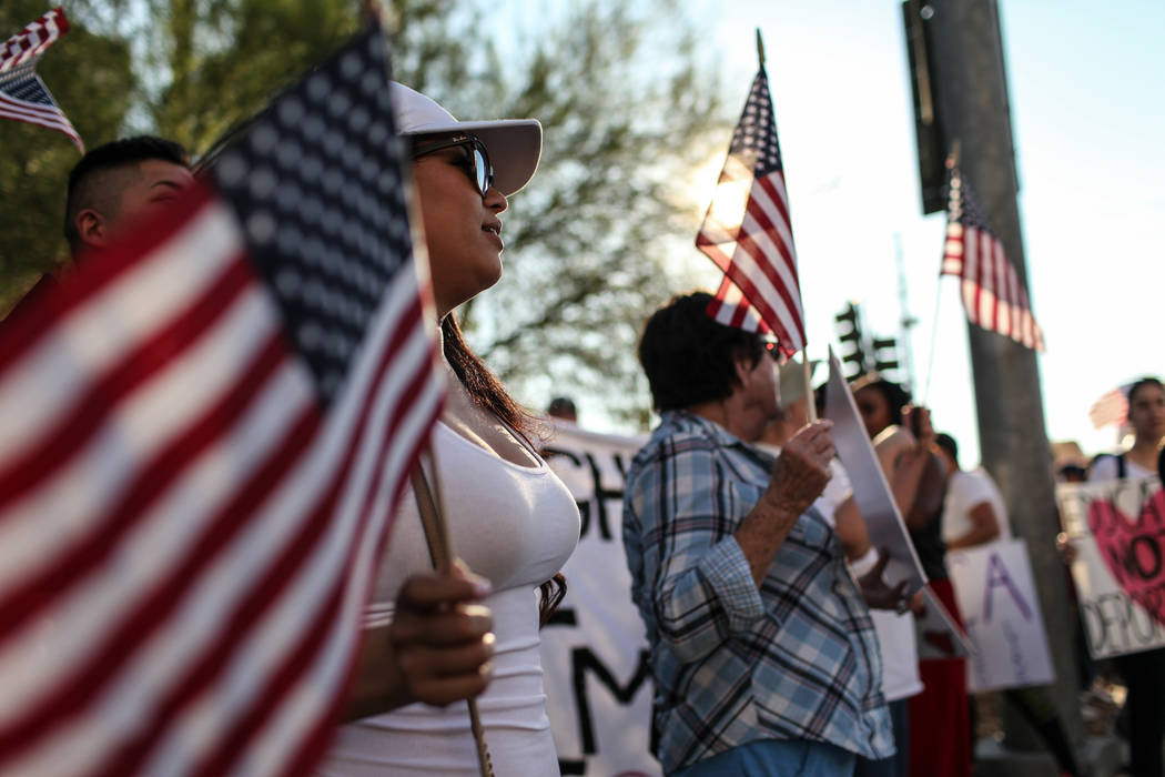 Several hundred DACA recipients and supporters including Paulina Alvarez march down the Strip in Las Vegas, Sunday, Sept. 10, 2017, to call on President Donald Trump and Nevada elected officials t ...