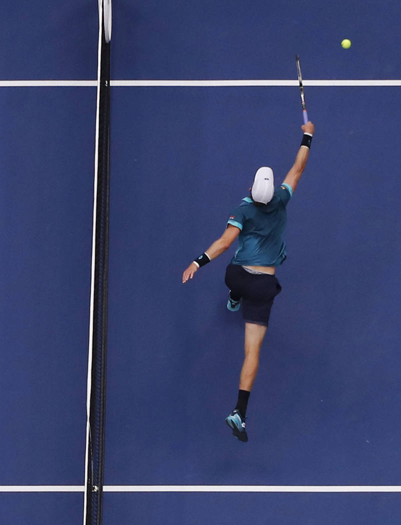 Kevin Anderson, of South Africa, misses a shot from Rafael Nadal, of Spain, during the men's singles final of the U.S. Open tennis tournament, Sunday, Sept. 10, 2017, in New York. (AP Photo/Julie ...