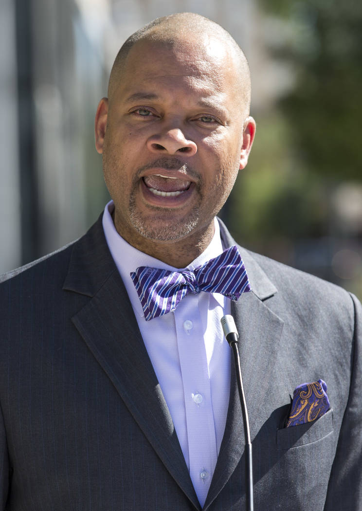 State Sen. Aaron D. Ford, D-Nev., speaks to a small crowd during a Juneteenth flag-raising ceremony outside Las Vegas City Hall on June 15. Ford announced Tuesday that he will run for Nevada Attor ...