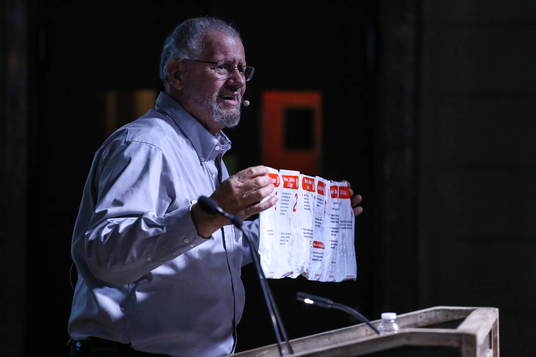 American Red Cross Volunteer Bill Dahlquist holds a medic kit during an emergency preparedness safety forum at the Mob Museum in Las Vegas, Sunday, Sept. 17, 2017. Joel Angel Juarez Las Vegas Revi ...