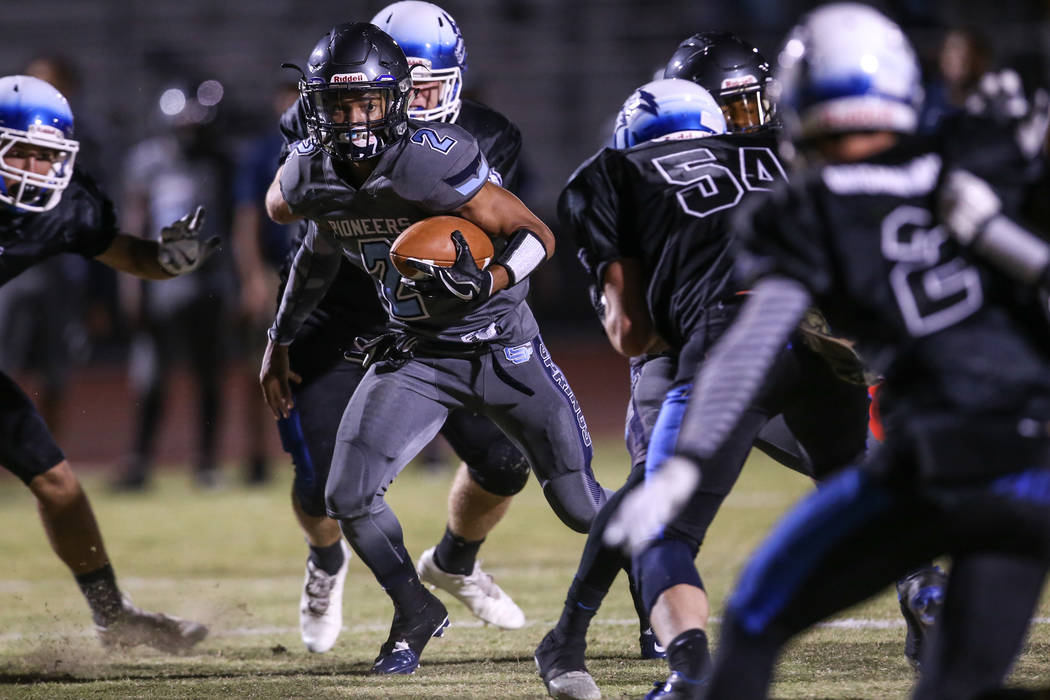 Basic's Zack Grismanauskas (2) runs the ball against Canyon Springs during the second quarter of a football game at Basic High School in Henderson, Friday, Sept. 15, 2017. Joel Angel Juarez Las Ve ...